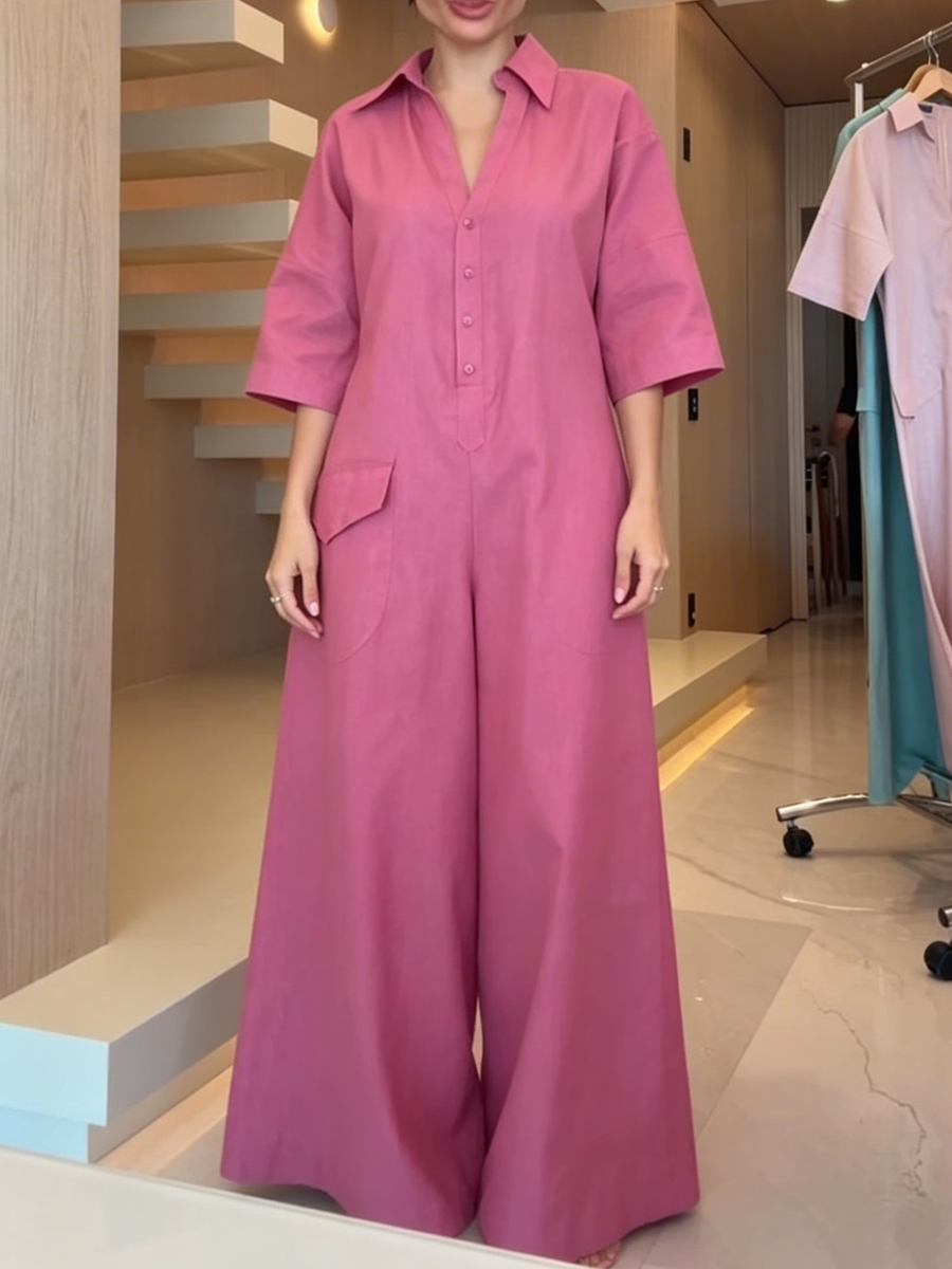Casual Metal Button Cotton-linen Wide-leg Jumpsuit