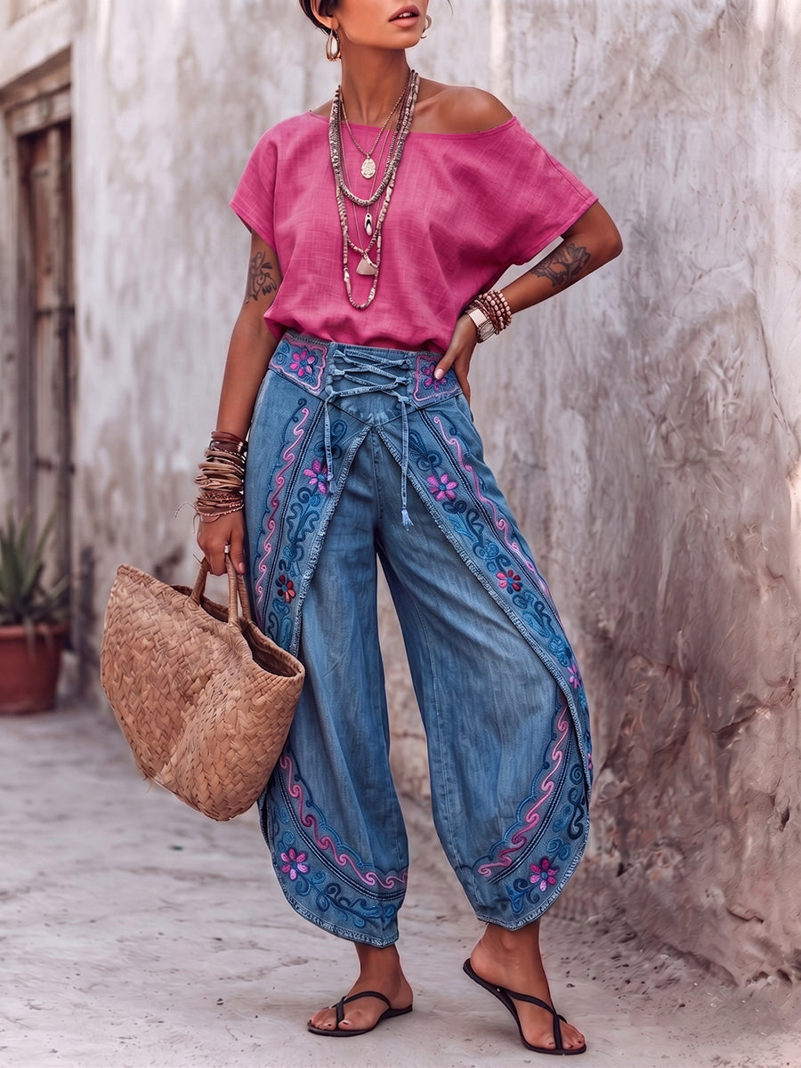 Boho Floral Vine Print Lightweight Denim Slit Harem Pants