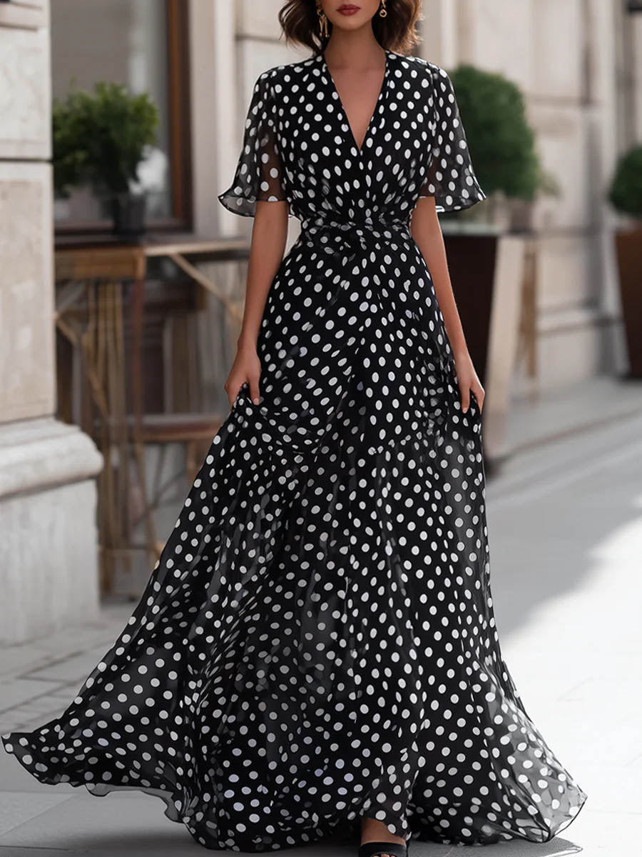 Women's Polka Dot Print V-neck Short-sleeve Casual Loose Chiffon Dress