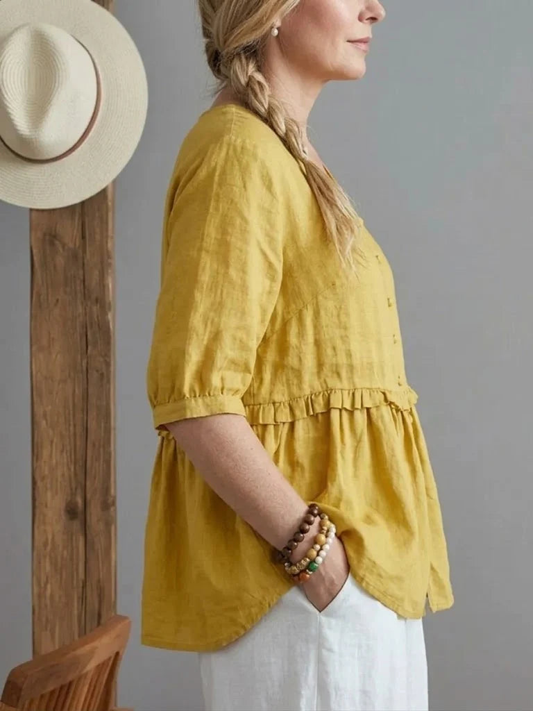 Women's V-neck Cotton And Linen Top
