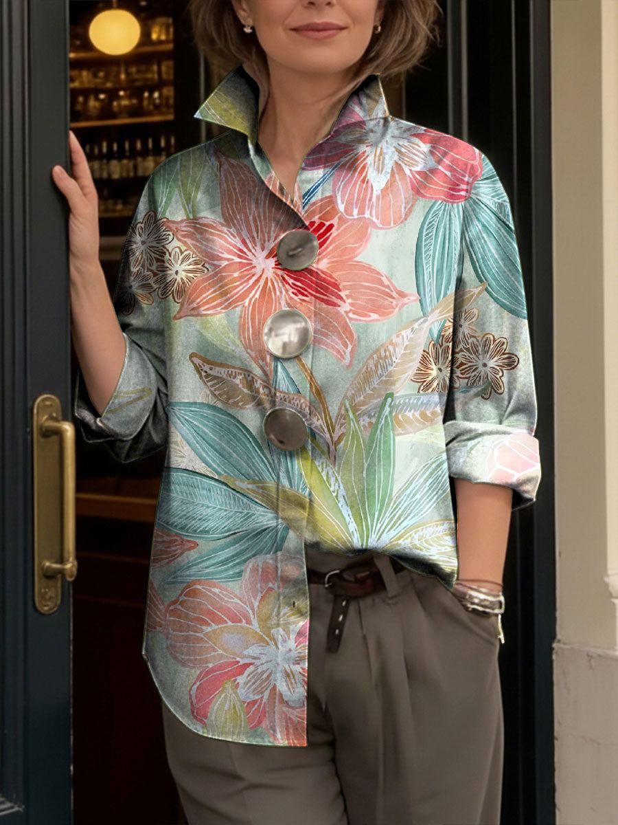 Women's Artistic Floral Print Metal-button Shirt