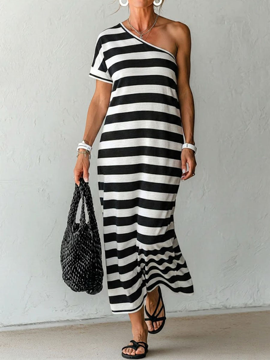 Women's Off-shoulder Short-sleeve Casual Loose Cotton-linen Dress