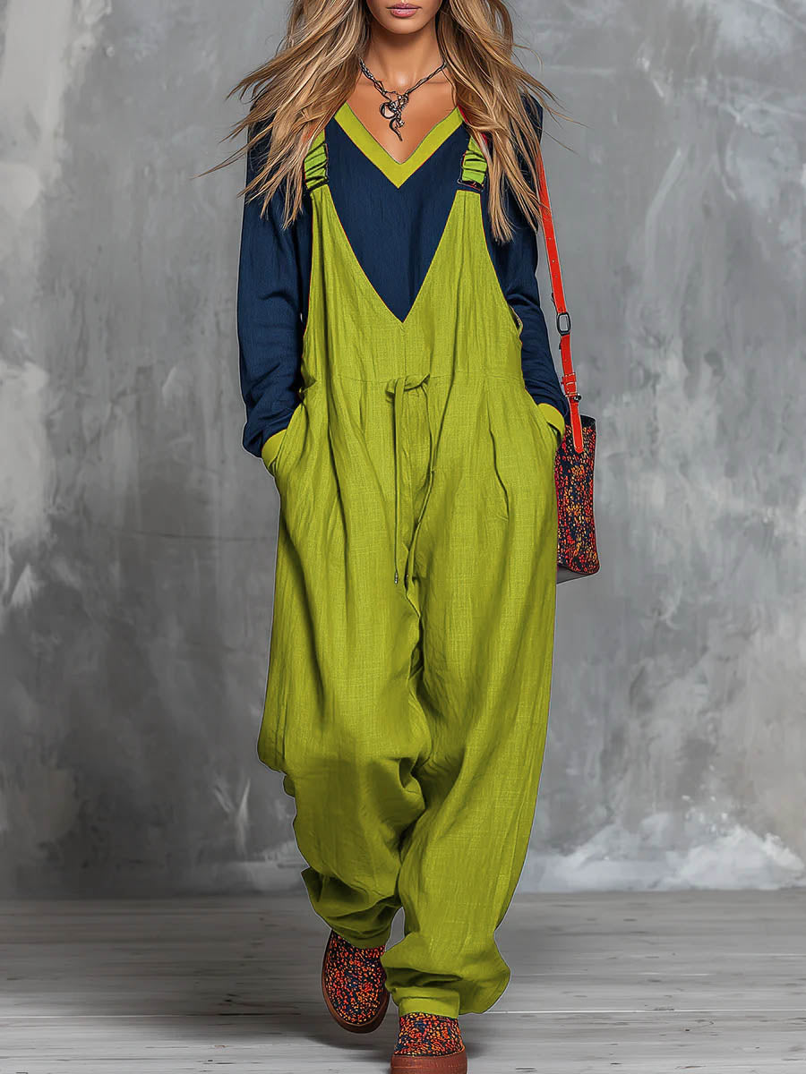 Women's Color-block Patchwork Round Neck Long-sleeved Casual Loose Top And Cotton And Linen Suspender Wide-leg Jumpsuit Set.