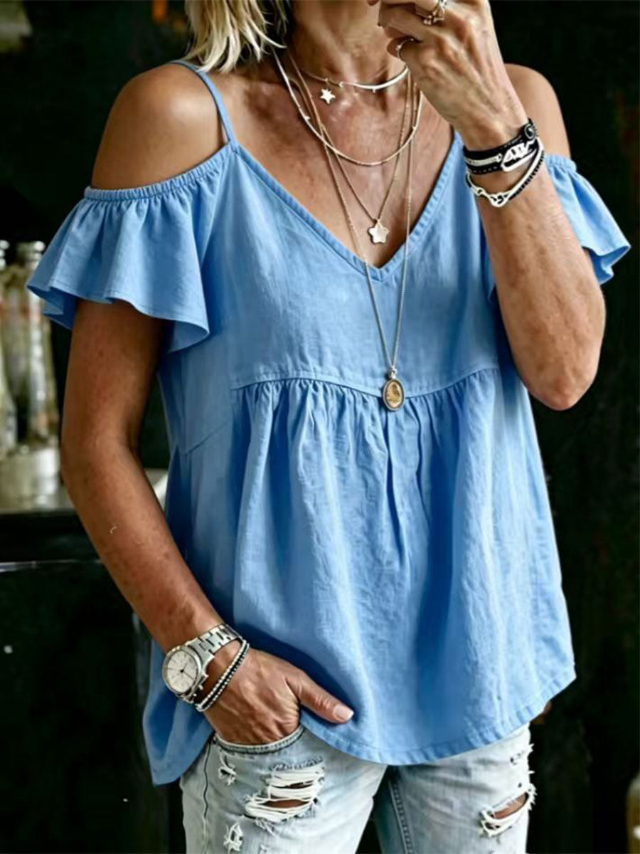 Women's Solid Color Cotton-linen Off-shoulder Short-sleeve V-neck Shirt
