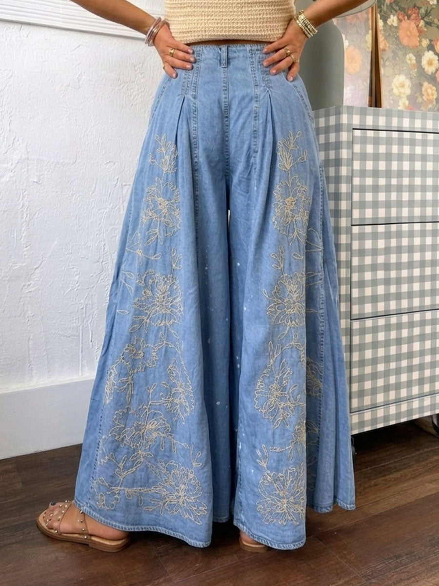 Women's Casual Wide-leg Denim Jeans With Embroidery And Print