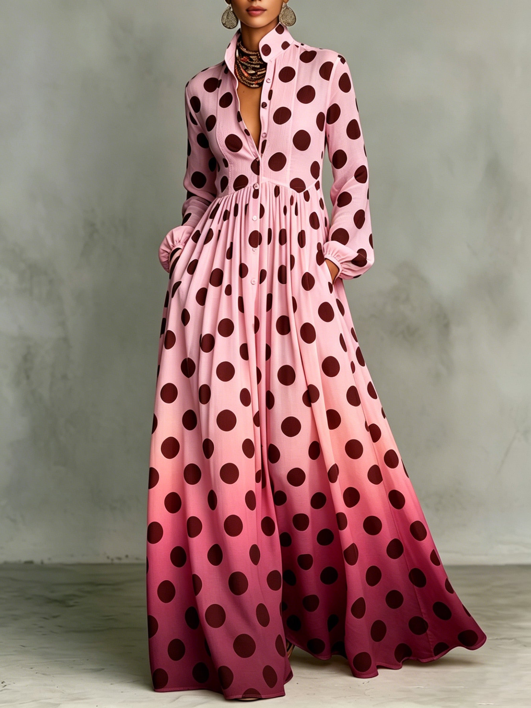 Polka Dot Gradient Stand-collar Single-breasted Long Shirt Dress