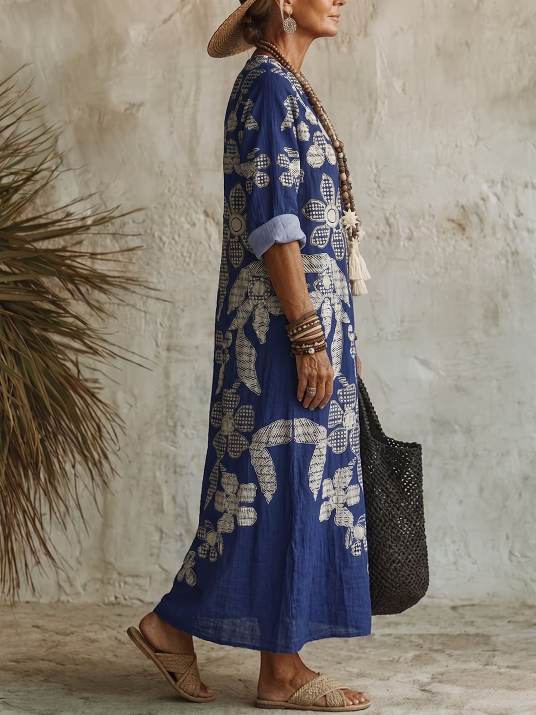 Women's Flower Print Casual Cotton-linen Maxi Dress