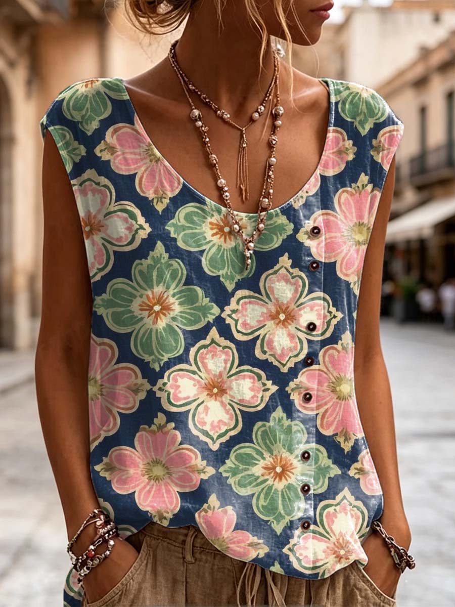 Women's Floral Pattern Art Print Casual Sleeveless Cotton Shirt
