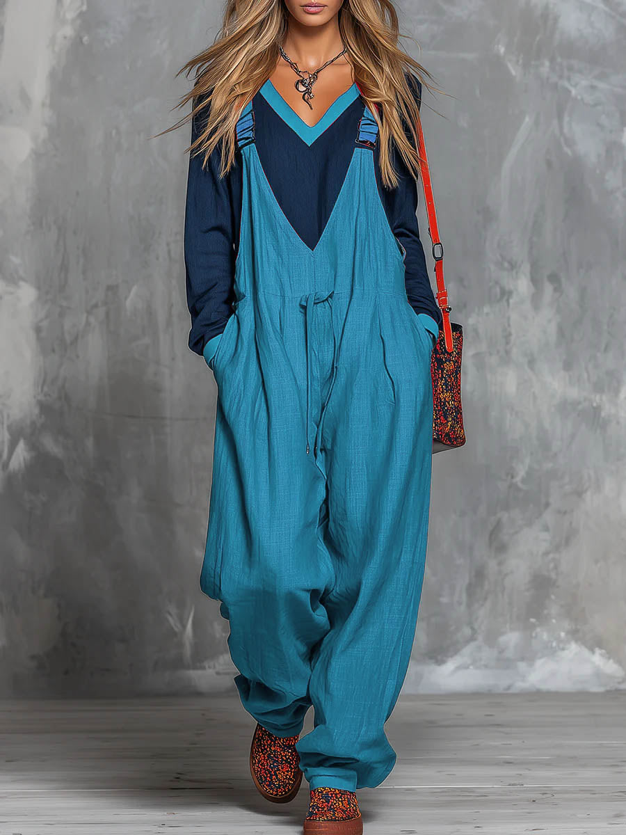 Women's Color-block Patchwork Round Neck Long-sleeved Casual Loose Top And Cotton And Linen Suspender Wide-leg Jumpsuit Set.