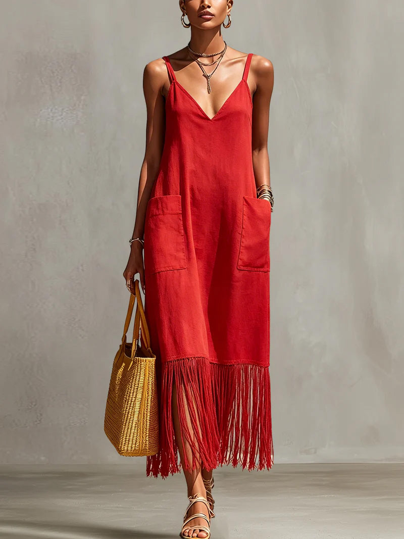 Bohemian V-neck Fringe Cami Cotton-linen Maxi Dress