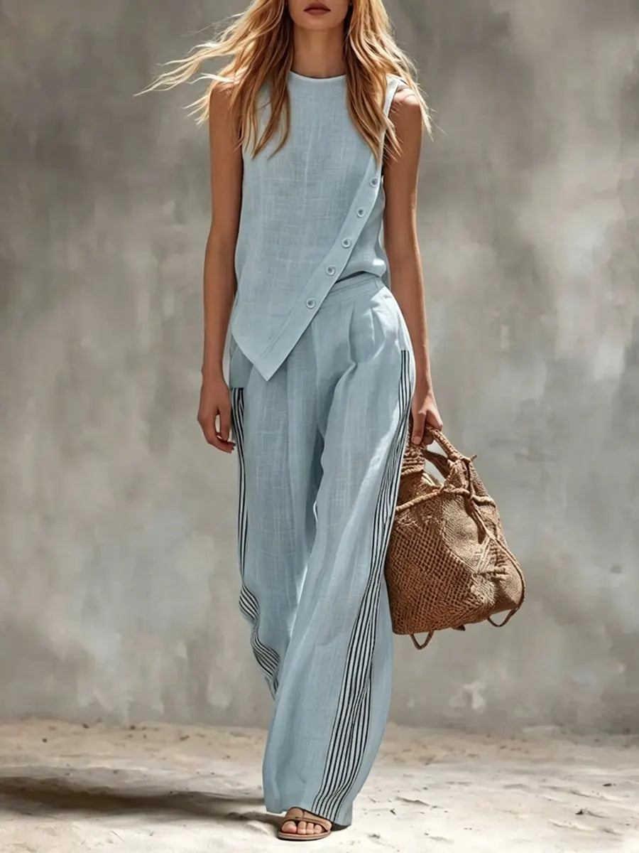 Women's Simple Irregular Cut Top And Wide-leg Pants Cotton And Linen Set