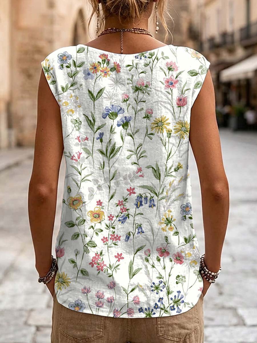 Women's Floral Pattern Art Print Casual Sleeveless Cotton Shirt