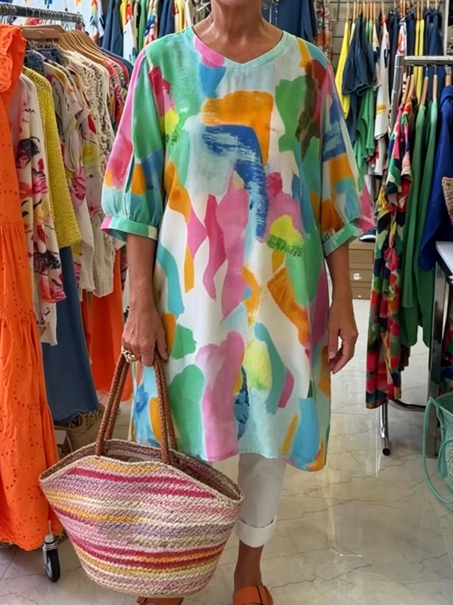 Artistic Watercolor Print V-neck Cotton-linen Long Shirt