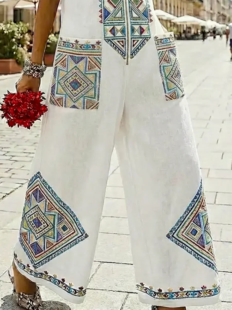 Women's Retro Ethnic Art Casual Zip Cotton Linen Jumpsuit