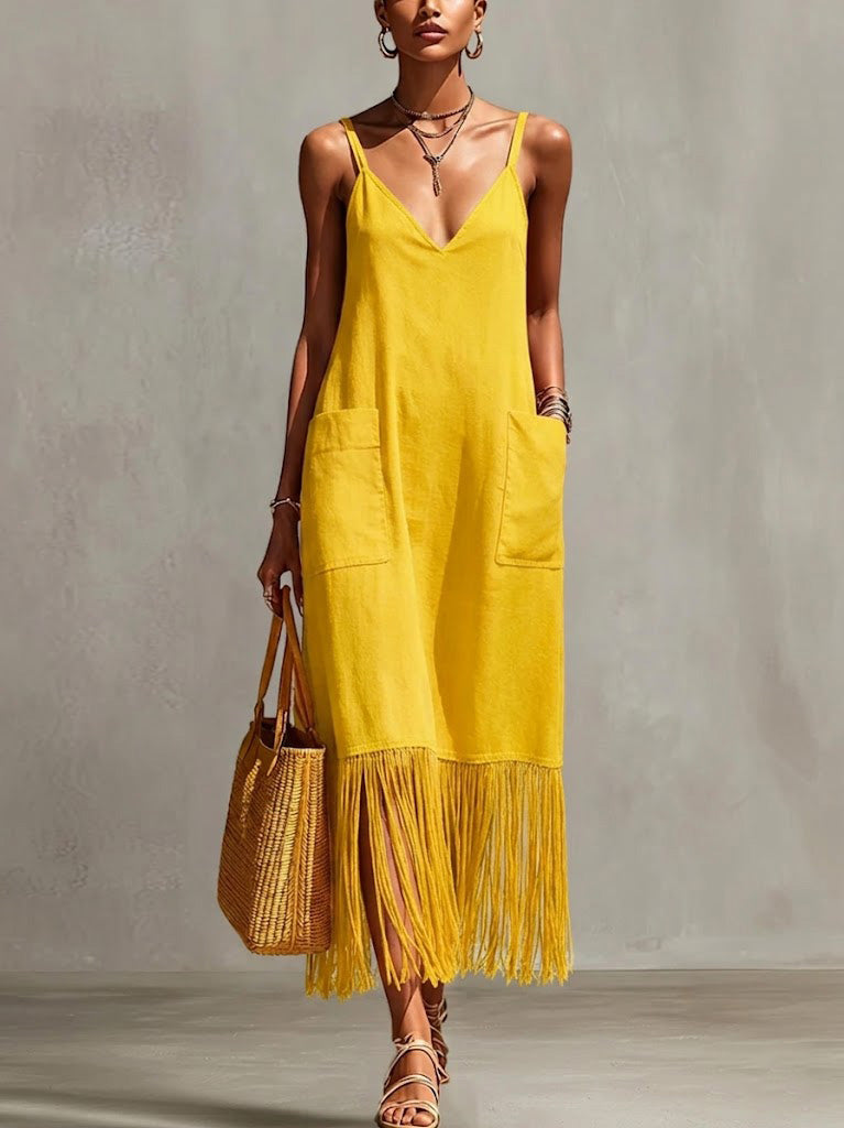 Bohemian V-neck Fringe Cami Cotton-linen Maxi Dress