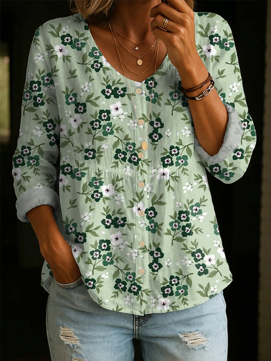 Artistic Floral Print Cotton Shirt — Women's Elegant & Casual Soft Cotton Top