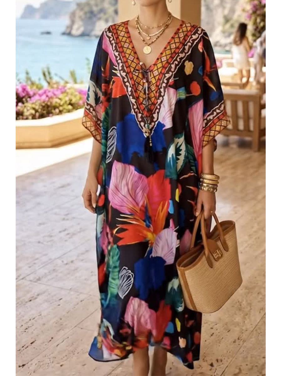 Loose And Cozy Bohemian Artistic Print Kaftan