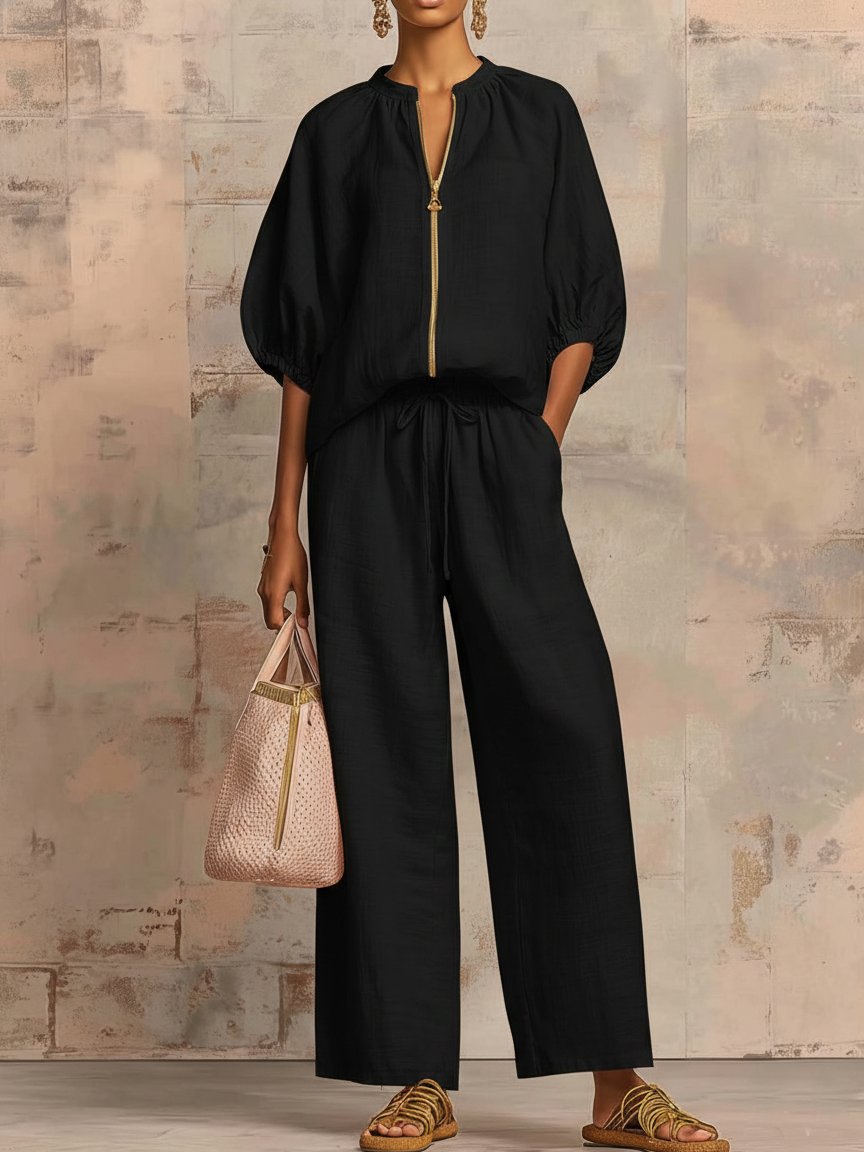 Stylish Cozy Shirt &amp; Wide-Leg Pants Linen Cotton Two-Piece Set