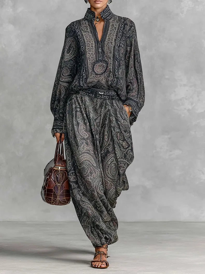 Paisley-print Stand-collar Shirt + Harem Pants Set