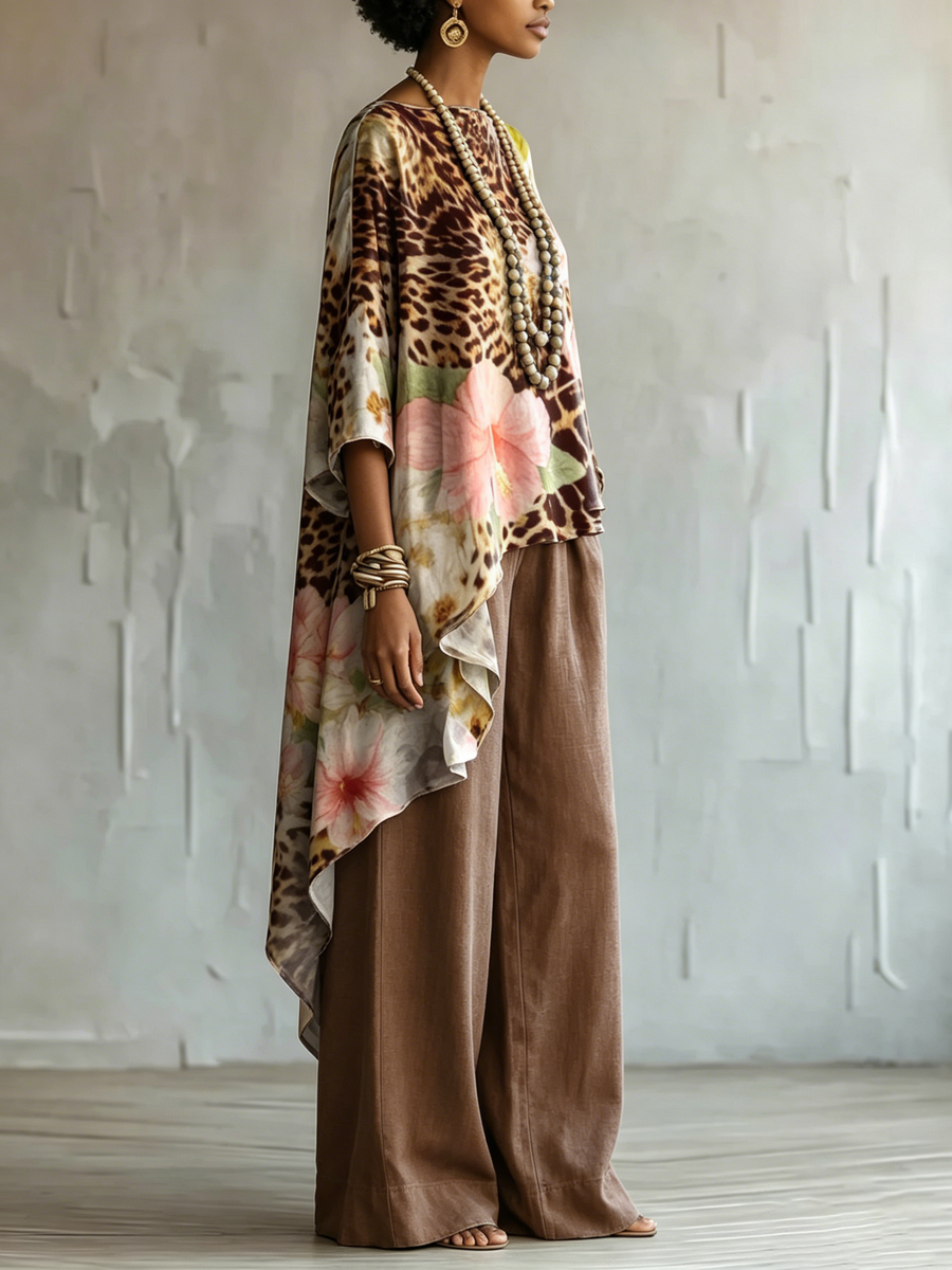 Loose-fit Leopard Print & Floral Cotton-linen Top + Wide-leg Pants Set
