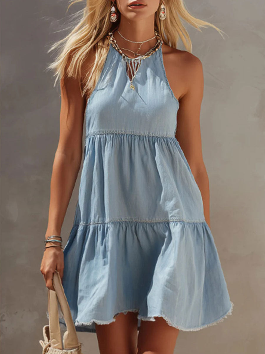 Women's Light Blue Denim Sleeveless Mini Dress