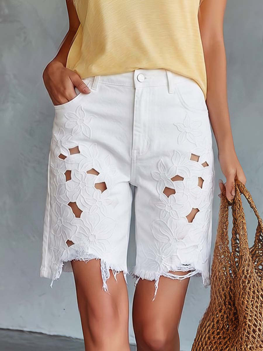 Women's High-waisted Casual Loose Wide-leg Shorts With Openwork Embroidery