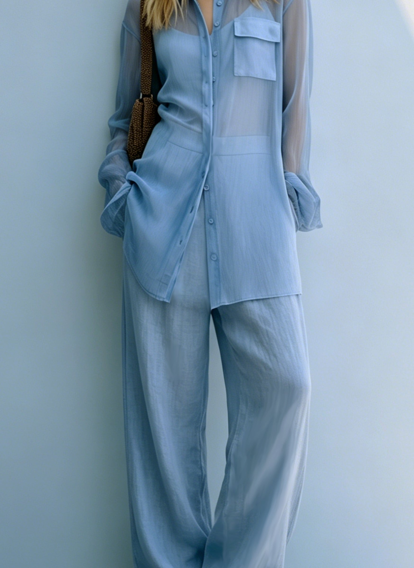 Sheer Shirt & Wide Leg Pants Two-piece Set