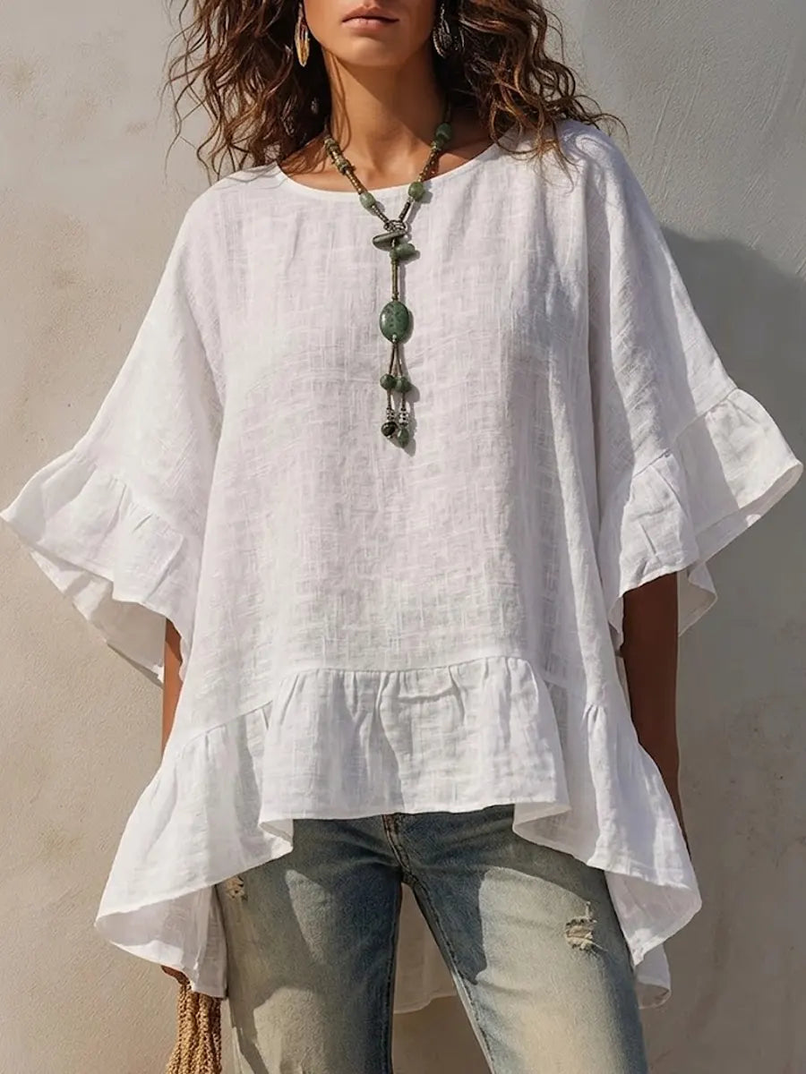 Women's Loose Casual Cotton And Linen Top With Ruffle Decoration