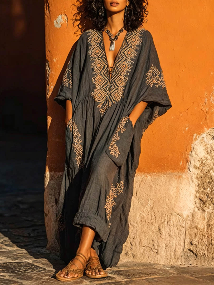 Women's Vintage-print V-neck 3/4-sleeve Casual Loose Cotton-linen Dress