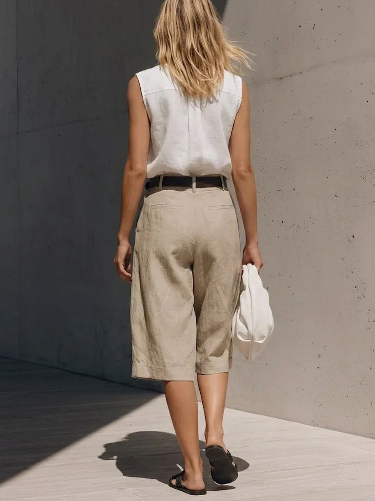 Women's Linen Sleeveless Work Shirt With Pleated Wide-leg Shorts Set