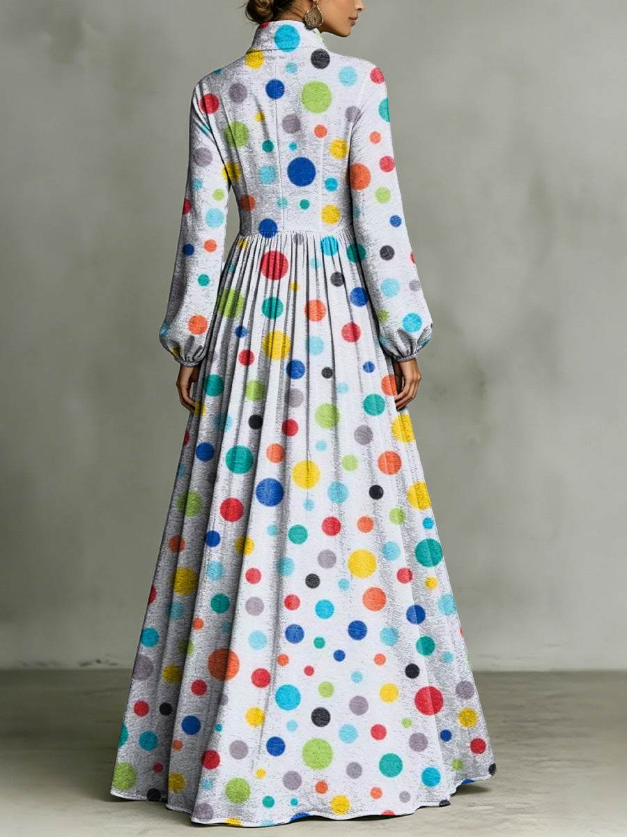 Fun Colorful Polka Dot Decorative Pattern Women's Long Sleeve Shirt Collar Dress
