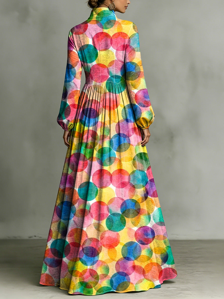 Vibrant Colorful Polka-dot Decorative Pattern Women's Long Sleeve Shirt Collar Dress