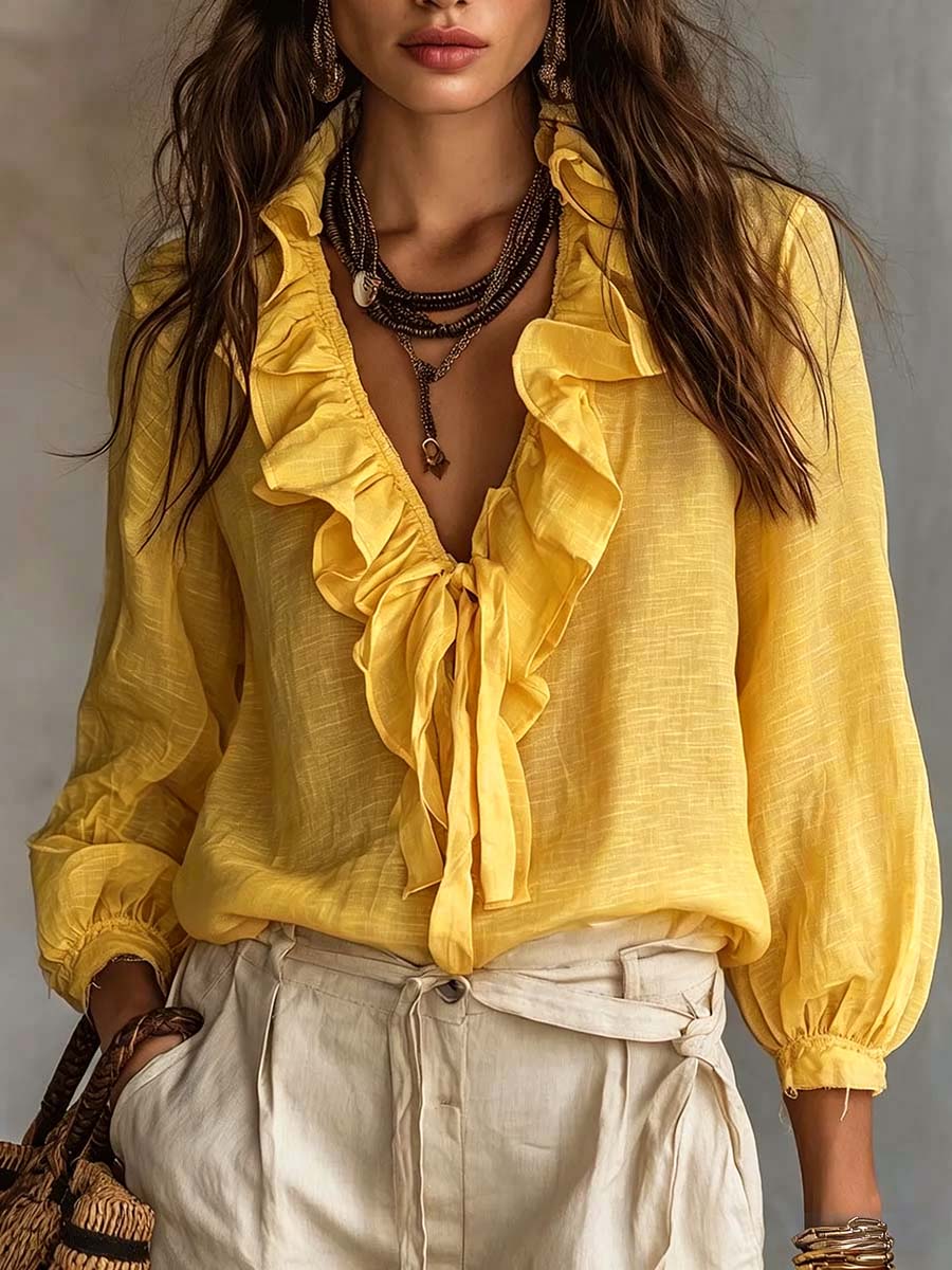Women's Ruffled V-neck Long-sleeve Casual Loose Cotton-linen Top