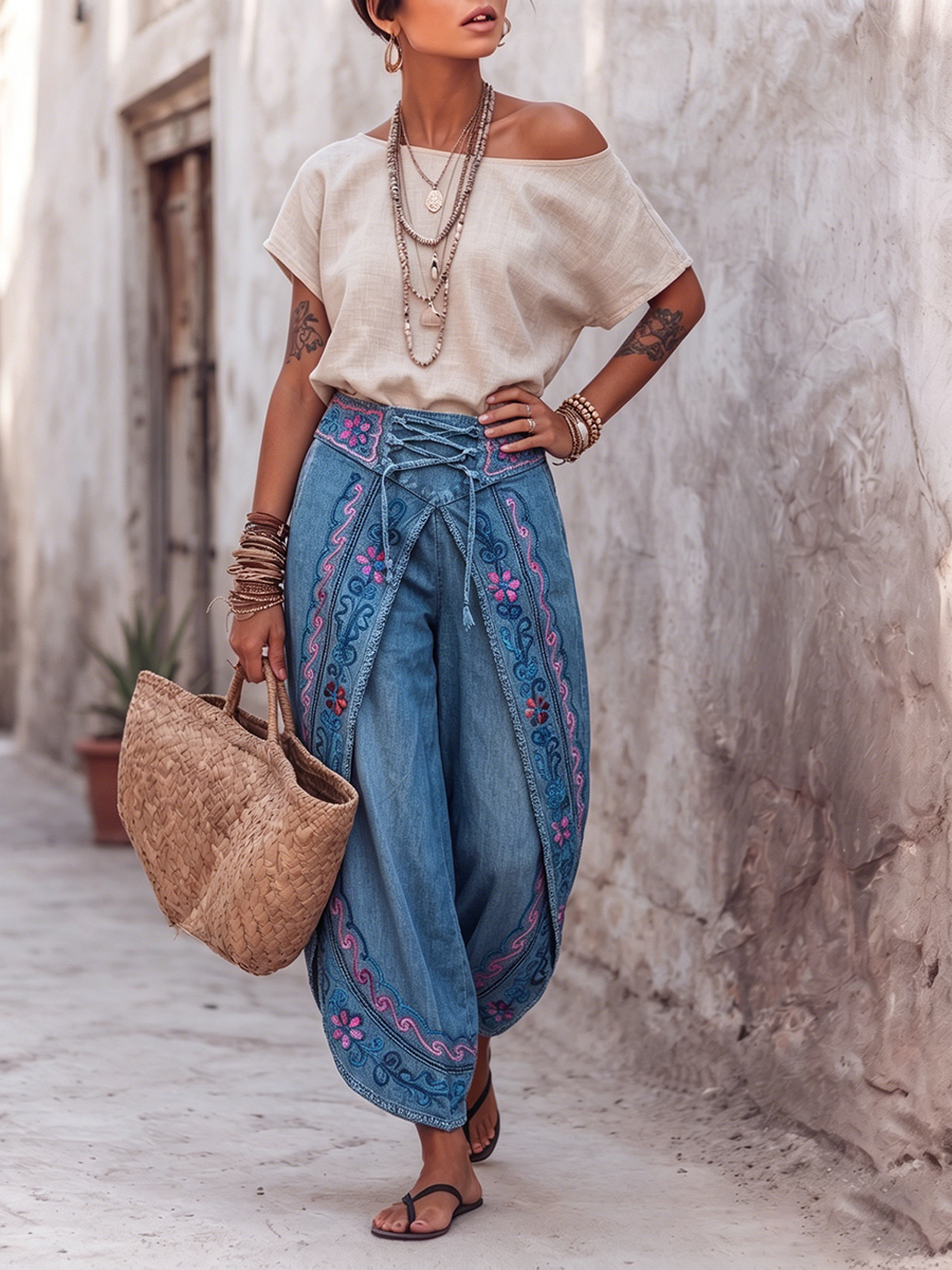 Boho Floral Vine Print Lightweight Denim Slit Harem Pants
