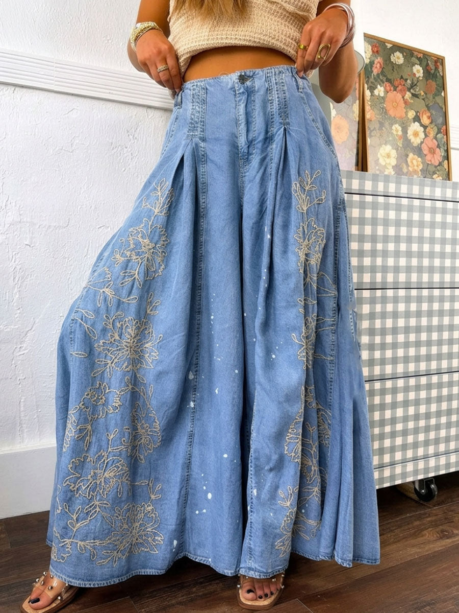 Women's Casual Wide-leg Denim Jeans With Embroidery And Print