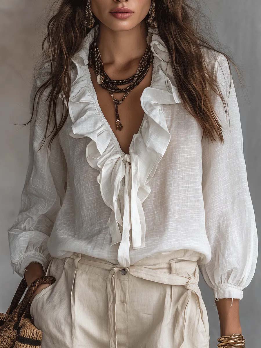 Women's Ruffled V-neck Long-sleeve Casual Loose Cotton-linen Top