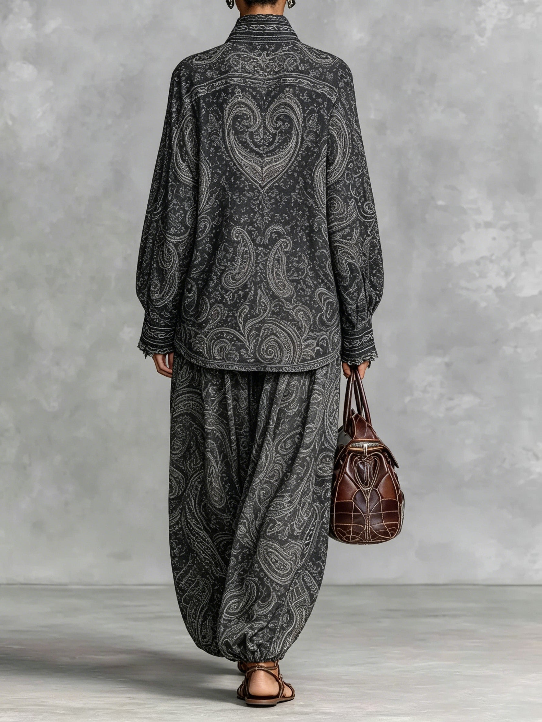 Paisley-print Stand-collar Shirt + Harem Pants Set