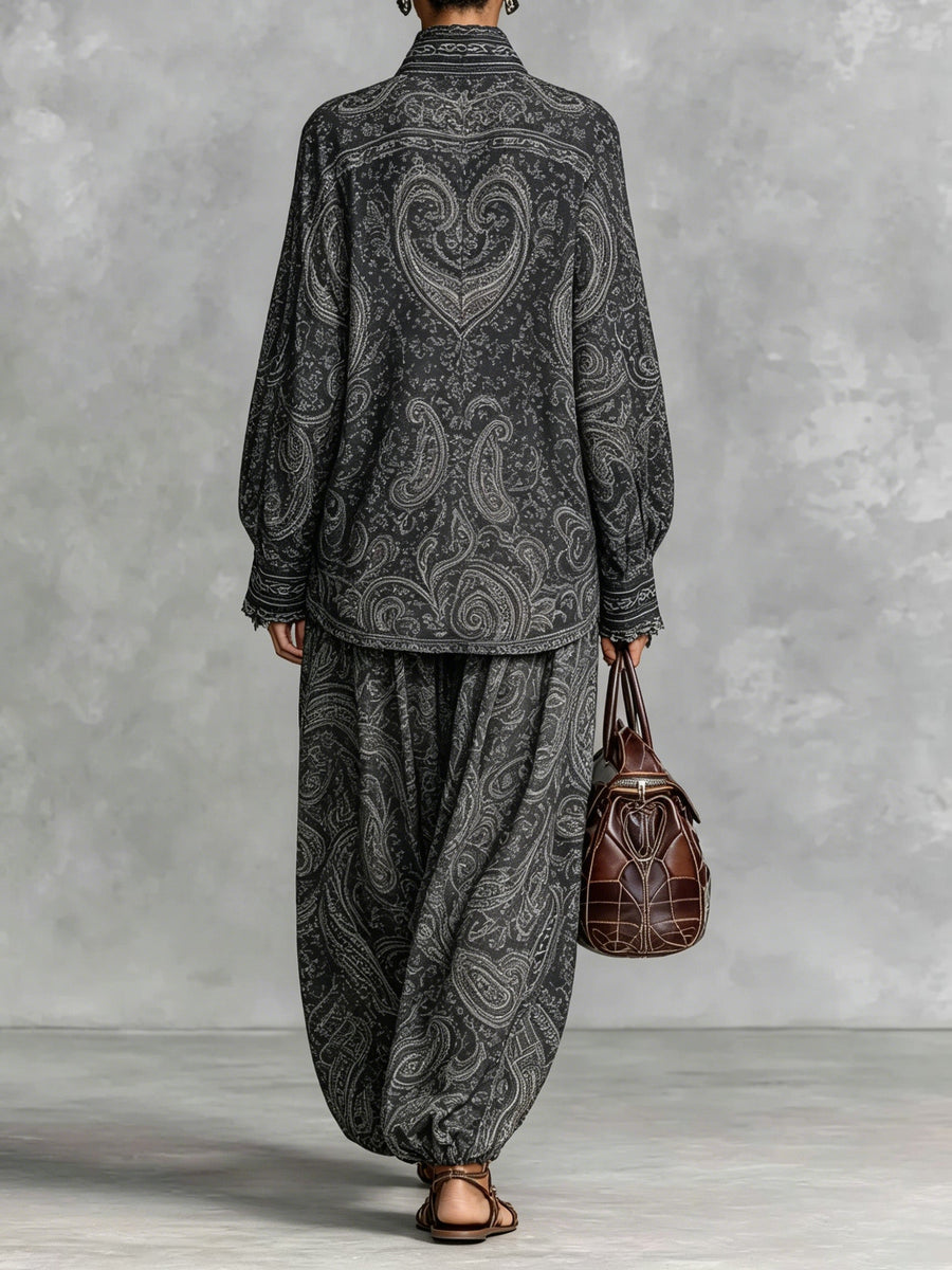 Paisley-print Stand-collar Shirt + Harem Pants Set