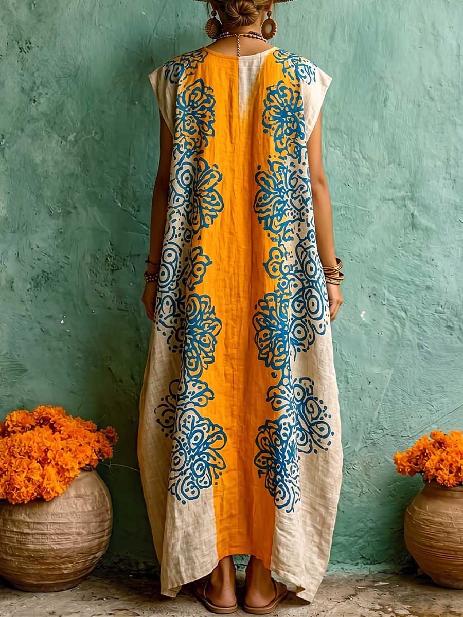 Women's Vintage-print V-neck Sleeveless Loose-fit Cotton-linen Casual Dress