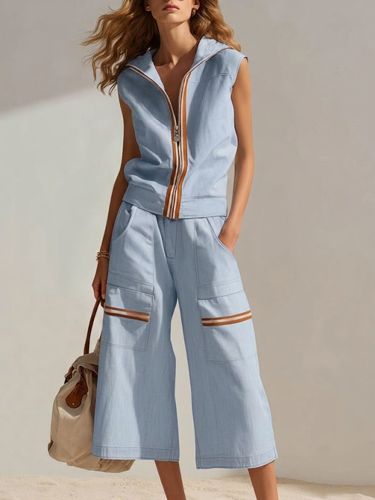 Stylish Casual Two-piece Set: Sleeveless Cotton Hoodie With Zipper And Pants
