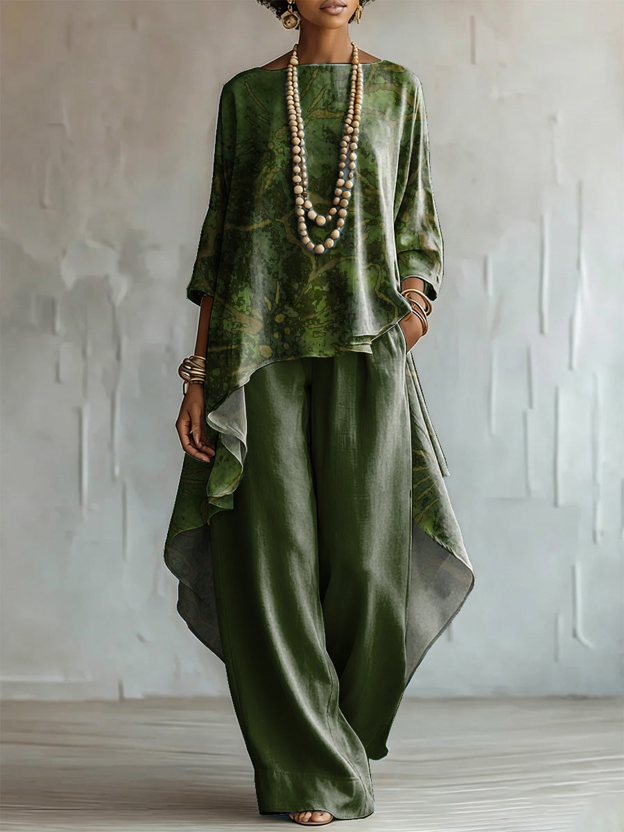Loose-fit Ethnic-style Ink-splatter Floral Cotton-linen Top + Wide-leg Pants Set