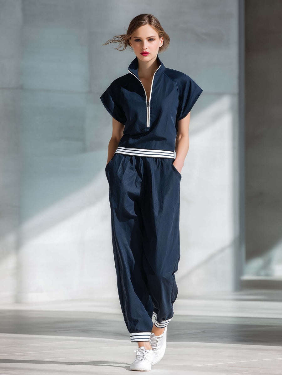 Athletic-casual Style Half-zip Cotton Top And Pants Two-piece Set