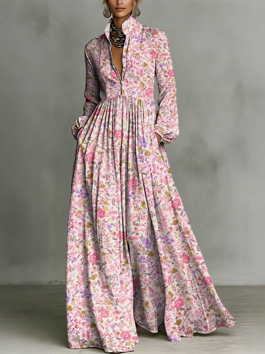 Elegant Floral Decorative Pattern Women's Long Sleeve Shirt Collar Dress