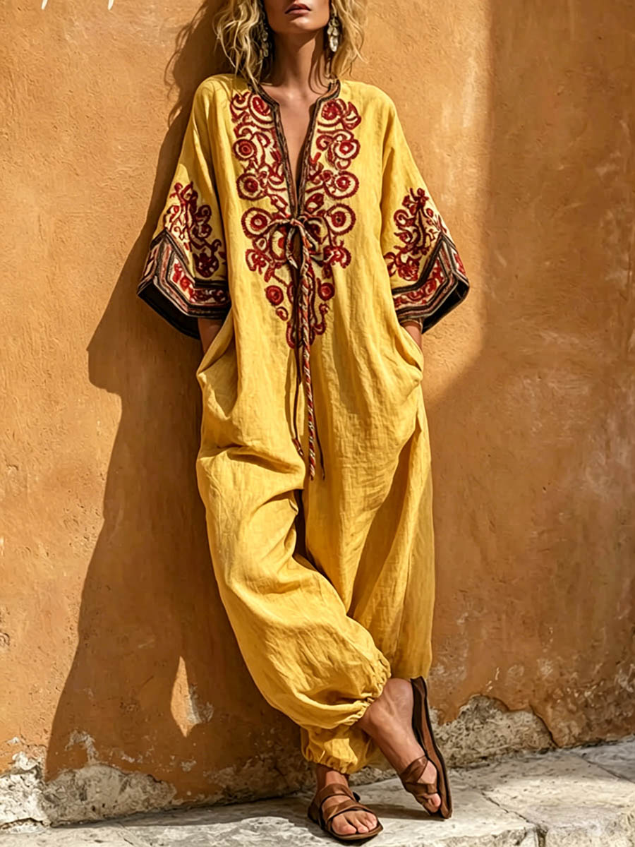 Women's V-neck 3/4-sleeve Casual Loose Cotton-linen Jumpsuit With Placement Print
