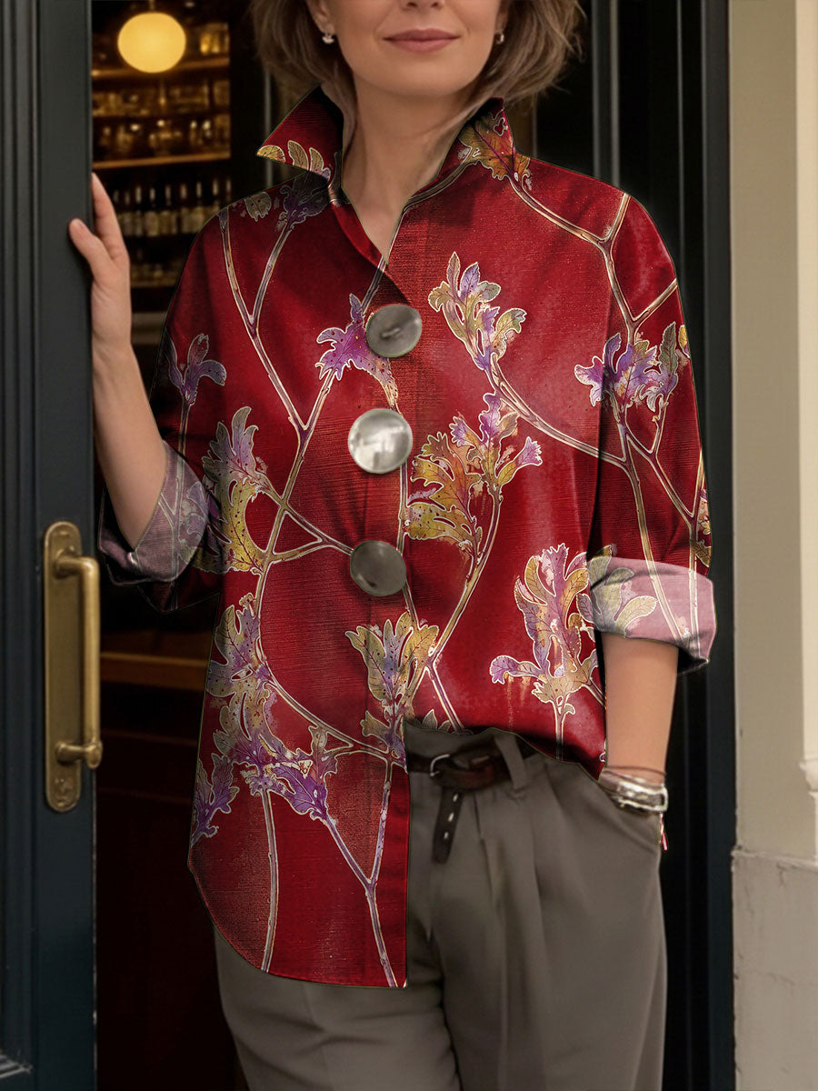 Women's Artistic Floral Print Metal-button Shirt