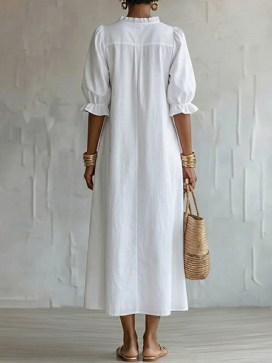 Women's V-neck 1/2-sleeve Ruffled Dress