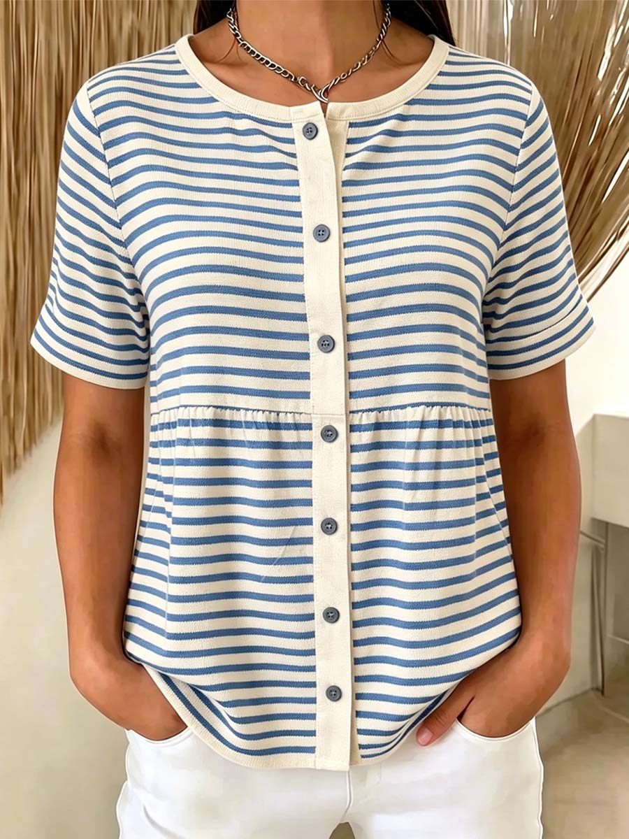 Women's Striped Pattern Art Print Casual Short Sleeve Cotton Shirt