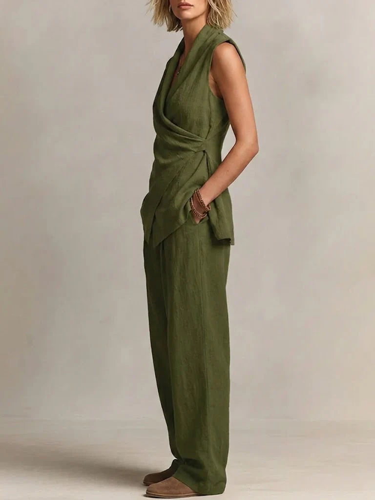 Women's Casual Cotton And Linen Sleeveless Vest With Wide-leg Pants Set