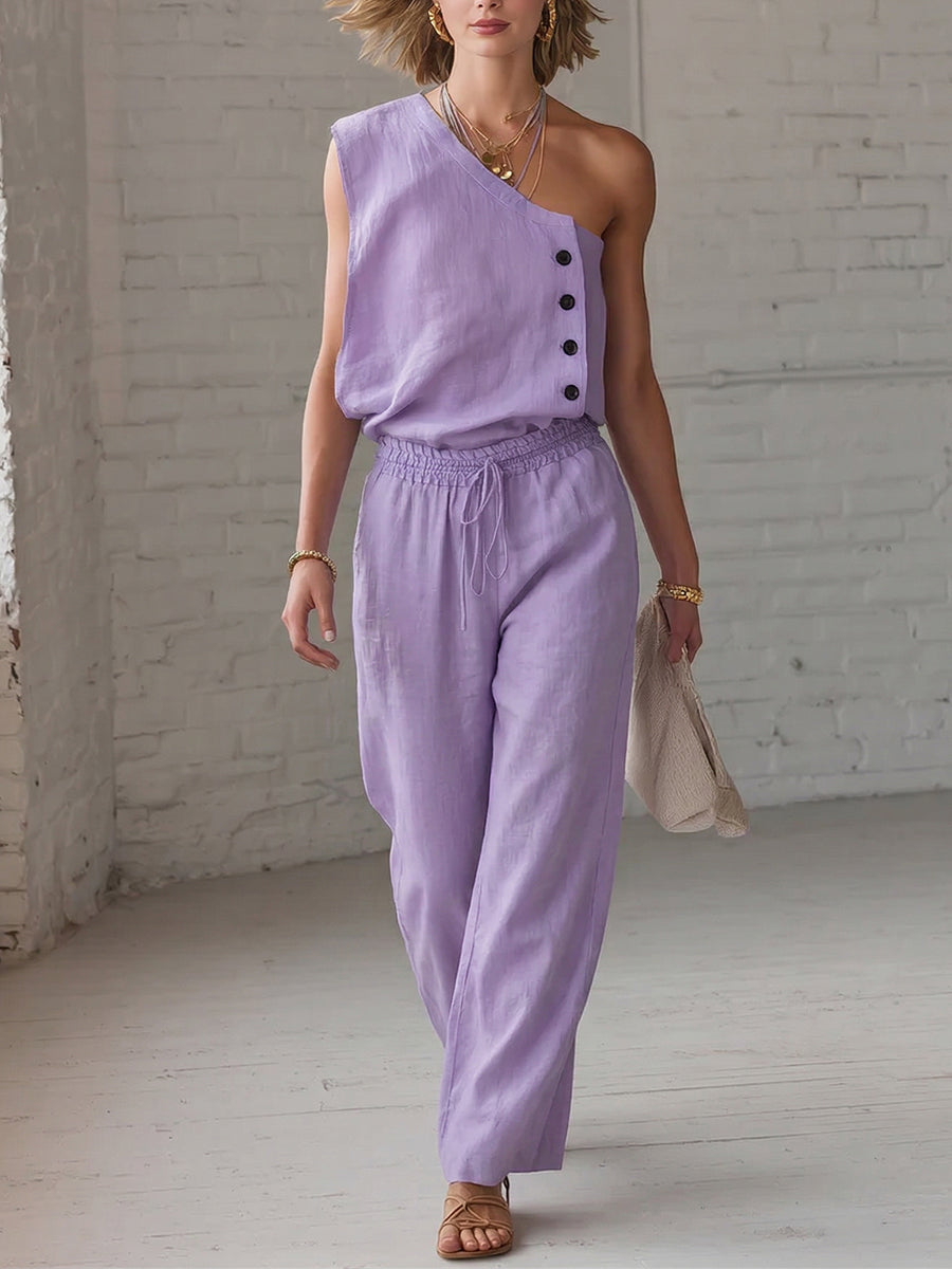 Stylish Off-shoulder Shirt And Wide-leg Pants Cotton-linen Two-piece Set