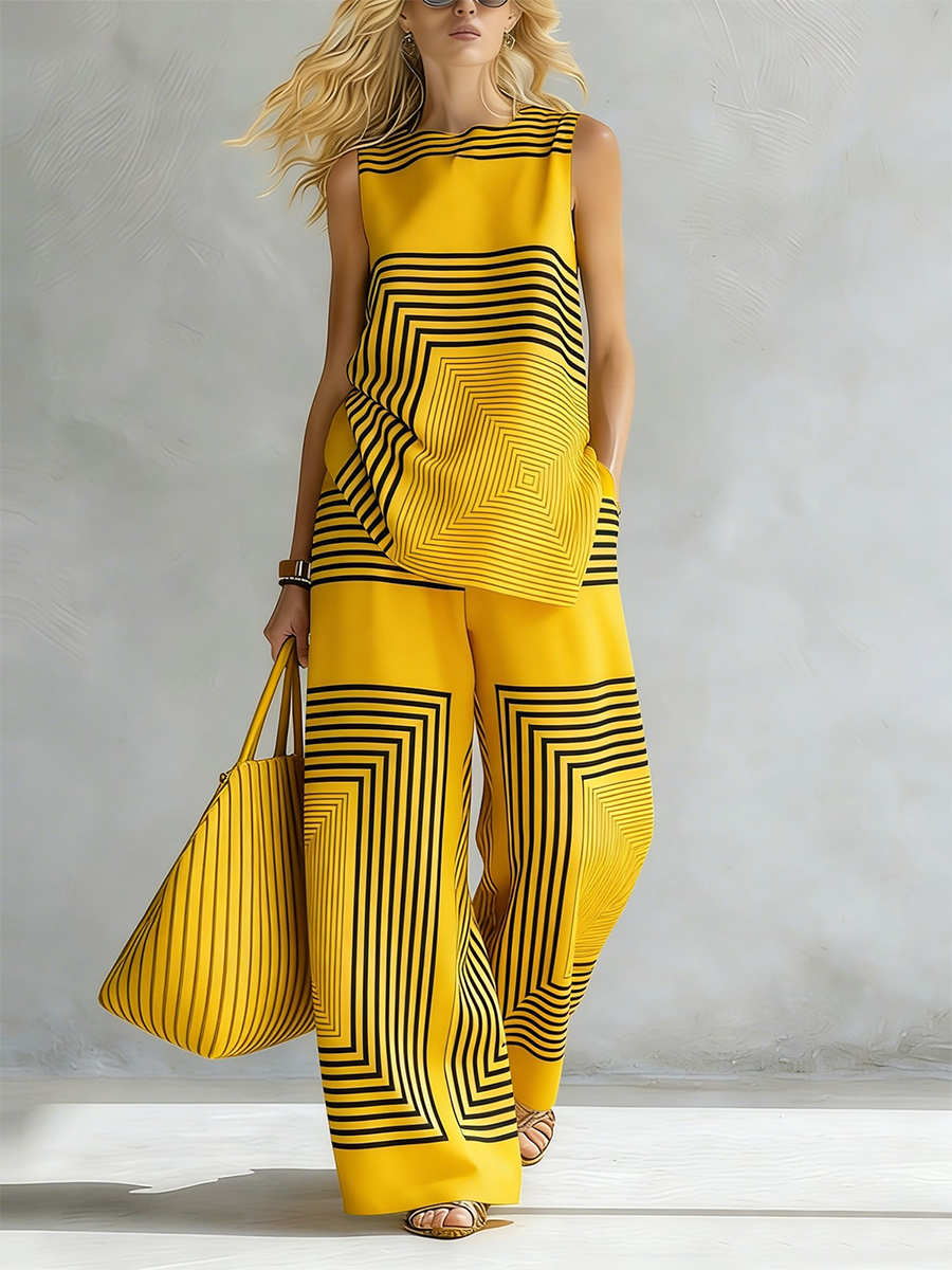 Artistic Geometric Line Print Cotton-linen Two-piece Set